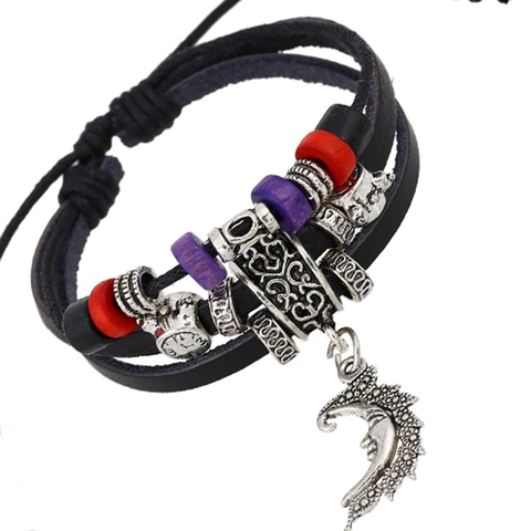 Retro Multilayer Leather Bracelet For Men Women Cowhide Woven Moon Face Pendant Beaded Adjustable Bohemian Punk Jewelry