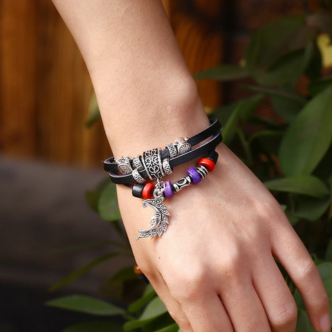 Retro Multilayer Leather Bracelet For Men Women Cowhide Woven Moon Face Pendant Beaded Adjustable Bohemian Punk Jewelry