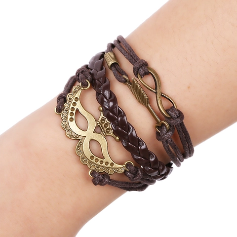 Vintage Mehrlagiges Geflochtenes Kunstleder Armband Mit Bronze Unendlich Pfeil Maske Anhänger Punk Bohemian Wickelarmband Unisex