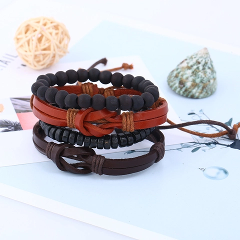 Retro Leer Gevlochten Armbanden Voor Mannen Vrouwen Etnische Punk Stijl Houten Kralen Verstelbare Handgeweven Polsbandjes Sieraden