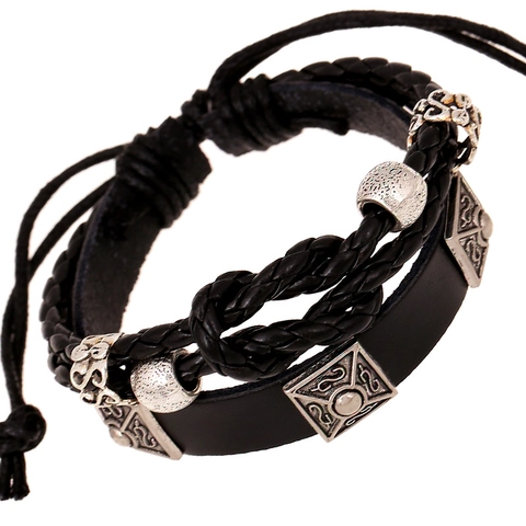 Pulsera Multicapa de Cuir de Vaca Genuino Vintage Punk Con Dijes de Aleación Joyería Hecha a Mano Ajustable Para Hombres Mujeres