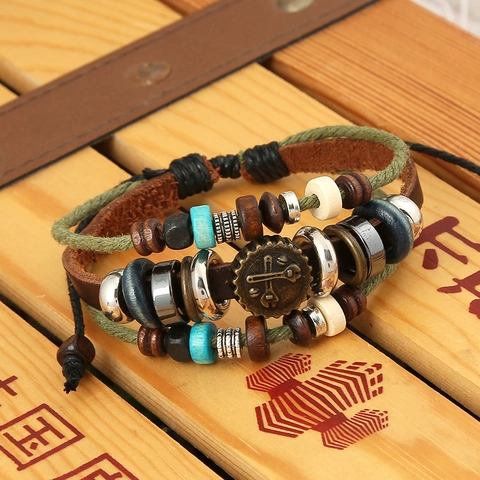 Vintage Punk Men Multi-Layer Cowhide Leather Bracelet Braided Alloy Skull Wrench Charms Adjustable Beaded Wristband Jewelry