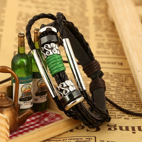 Pulsera de Cuero Tejido Multicapa Retro Para Hombres Mujeres Estilo Punk Cuenta de Aleación Ajustable Joyería de Moda Hecha a Mano