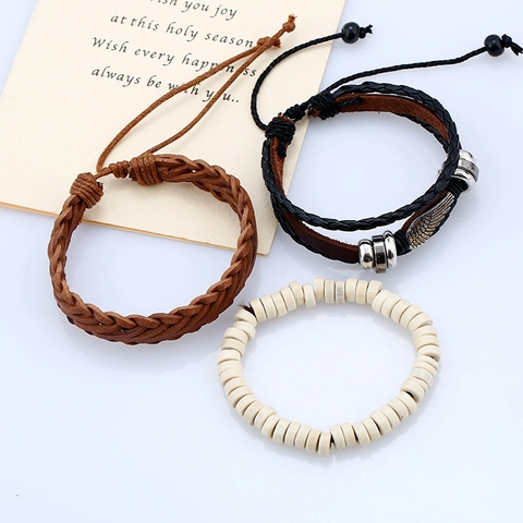 Vintage Mehrlagiges Geflochtenes Rindsleder Armband Set Mit Legierung Flügel Holzperlen Für Herren Punk Stil Verstellbar Schmuck