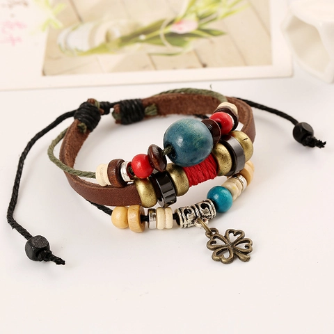 Vintage Multi-layer Beaded Leather Bracelet For Men Women Bohemian Four Leaf Clover Pendant Adjustable Cowhide Alloy Jewelry