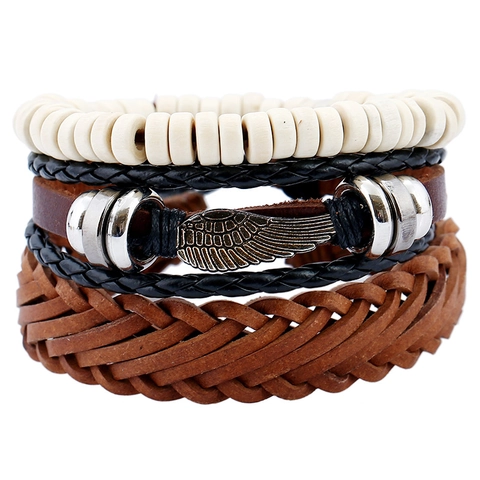 Vintage Mehrlagiges Geflochtenes Rindsleder Armband Set Mit Legierung Flügel Holzperlen Für Herren Punk Stil Verstellbar Schmuck