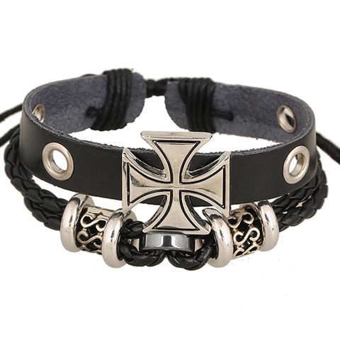 Vintage Runderleer Gelaagd Kruis Armband Retro Kralen Punk Rock Verstelbaar Trekkoord Polsband Sieraden Voor Dames Heren