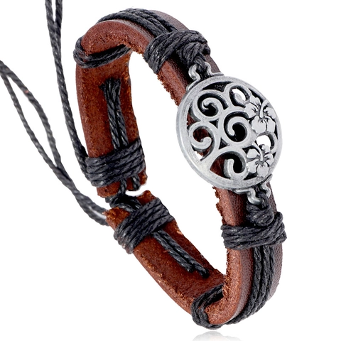Vintage Punk Leather Woven Bracelet For Men Women Alloy Hollow Flower Charm Adjustable Multilayer Wrap Wristband Jewelry