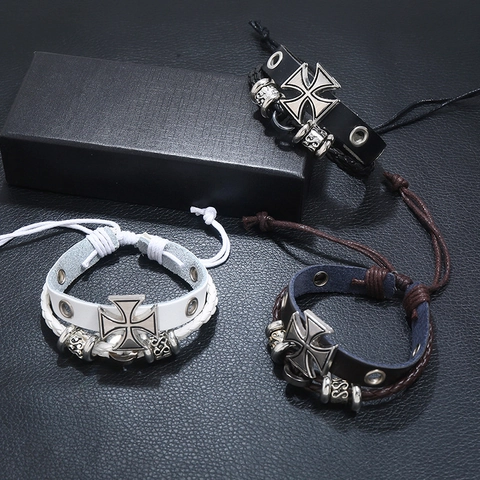 Vintage Runderleer Gelaagd Kruis Armband Retro Kralen Punk Rock Verstelbaar Trekkoord Polsband Sieraden Voor Dames Heren