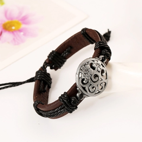 Vintage Punk Leather Woven Bracelet For Men Women Alloy Hollow Flower Charm Adjustable Multilayer Wrap Wristband Jewelry