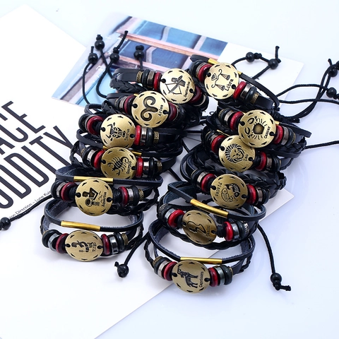Bracelets du Zodiaque en Cuir Tressé Faits à Main Vintage pour Hommes Femmes Alliage 12 Signes de Constellation Multi-rangs Réglables