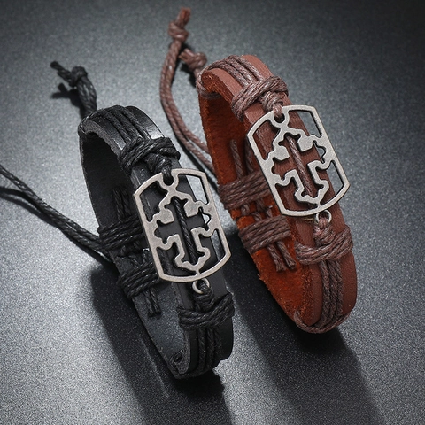 Retro Hand-Woven Leather Bracelet For Men Vintage Alloy Cross Hollow Pendant Punk Religious Adjustable Wristband Jewelry Gift