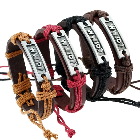 Bracciale in Pelle di Vacca Intrecciato a Mano Retrò WWJD Lettera Placca di Metallo Regolabile Corda Bracciale Unisex Gioielli
