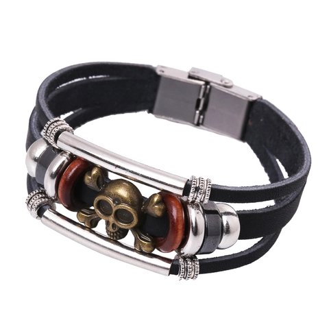Vintage Punk Mehrlagiges Lederarmband Legierung Totenkopf Anhänger Geflochtenes Manschettenarmband Für Herren Damen Retro Schmuck