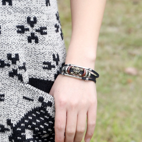 Vintage Punk Mehrlagiges Lederarmband Legierung Totenkopf Anhänger Geflochtenes Manschettenarmband Für Herren Damen Retro Schmuck