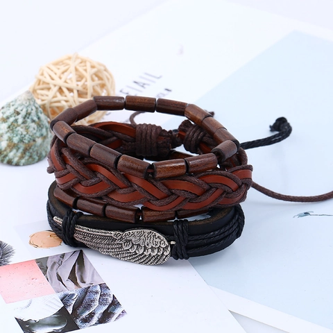 Vintage Mehrlagiges Leder Armband Set Mit Flügel Anhänger Punk Geflochtenes Rindsleder Holzperlen Schmuck Für Herren Damen