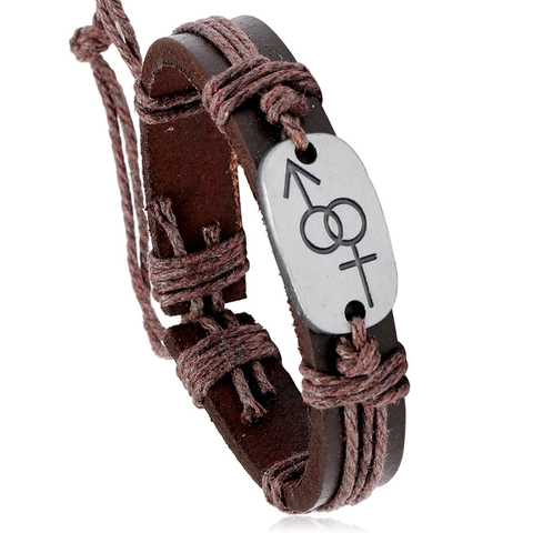 Vintage Braided Cowhide Leather Bracelet Metal Gender Symbol Plate Adjustable Drawstring Brown Wrap Bracelet Jewelry
