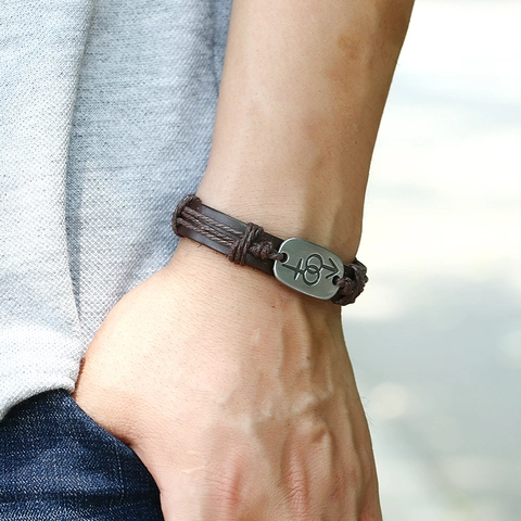 Vintage Braided Cowhide Leather Bracelet Metal Gender Symbol Plate Adjustable Drawstring Brown Wrap Bracelet Jewelry