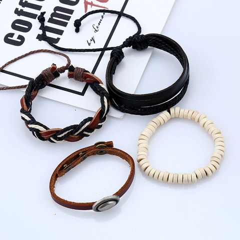 Vintage Punk Men's Leather Bracelet Set Braided Cowhide Hemp Rope Wood Beads Adjustable Stackable Fashion Jewelry Gift