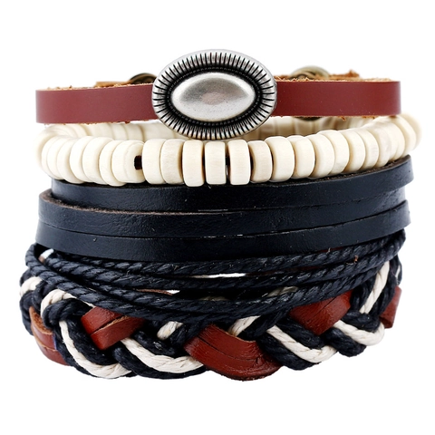 Vintage Punk Men's Leather Bracelet Set Braided Cowhide Hemp Rope Wood Beads Adjustable Stackable Fashion Jewelry Gift