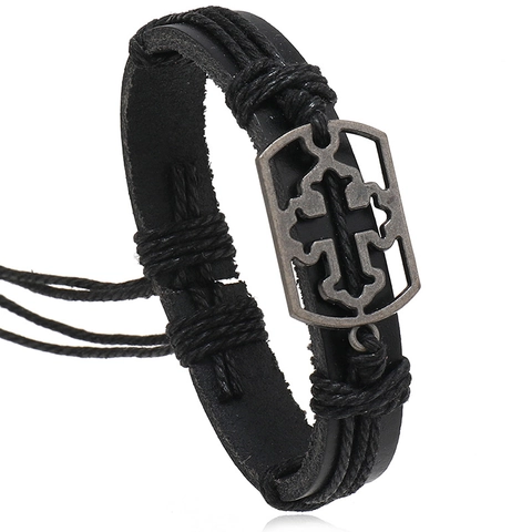 Retro Hand-Woven Leather Bracelet For Men Vintage Alloy Cross Hollow Pendant Punk Religious Adjustable Wristband Jewelry Gift