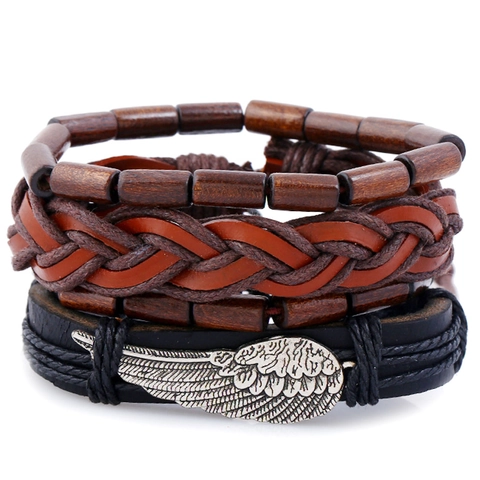 Vintage Mehrlagiges Leder Armband Set Mit Flügel Anhänger Punk Geflochtenes Rindsleder Holzperlen Schmuck Für Herren Damen