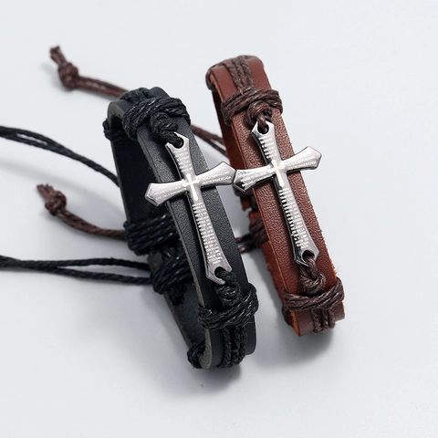 Vintage Leather Woven Cross Bracelet For Men Women Punk Spanish Lord Prayer Scripture Braided Adjustable Cord Wrap Bracelet Retro Jewelry