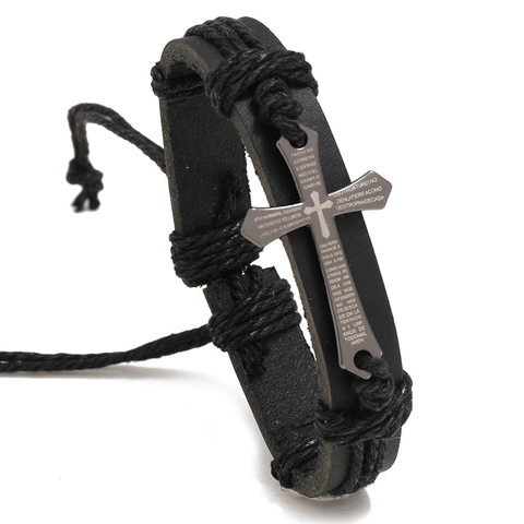 Vintage Leather Woven Cross Bracelet For Men Women Punk Spanish Lord Prayer Scripture Braided Adjustable Cord Wrap Bracelet Retro Jewelry