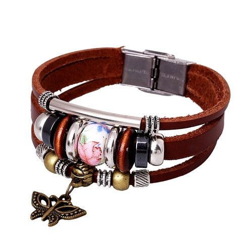 Handgemachtes Mehrlagiges Echtleder Armband Vintage Ethnisch Keramik Blumenperle Schmetterling Anhänger Schmuck Für Herren Damen