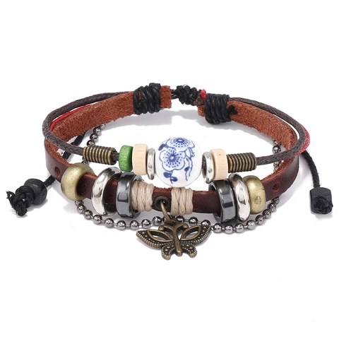 Bracciale Multistrato Vintage in Pelle di Vacca Uomo Donna Ciondolo Farfalla Fatto a Mano Perline di Legno Etnico Boho