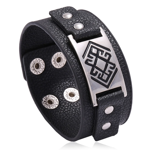 Pulsera Vintage Punk de Cuero PU Ancha para Hombre Mujer Tótem Étnico Geométrico Placa de Metal Remache Muñequera Ajustable Joyería