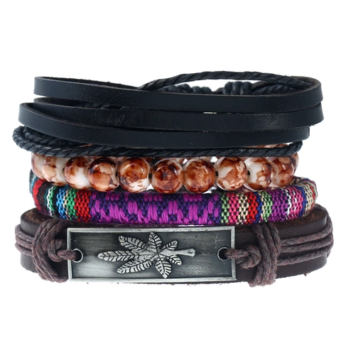 Bracciale in Pelle Multistrato Retro Punk Corda Intrecciata Perline Ciondolo Foglia di Acero in Lega Gioielli Uomo Vintage Accessorio Casual