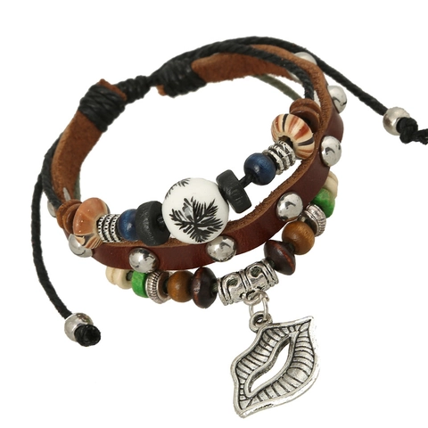 Vintage Multi-layer Braided Cowhide Leather Bracelet For Men Women Bohemian Punk Retro Wood Ceramic Beaded Adjustable Lip Pendant Bracelet