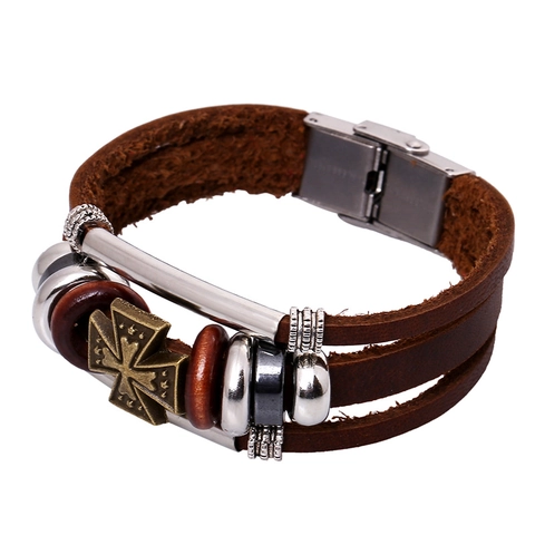 Vintage Punk Mehrlagiges Lederarmband Für Herren Damen Antik Bronze Kreuz Anhänger Metall Niete Charme Handgefertigt Schmuck