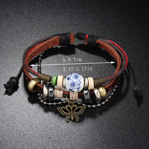 Bracciale Multistrato Vintage in Pelle di Vacca Uomo Donna Ciondolo Farfalla Fatto a Mano Perline di Legno Etnico Boho