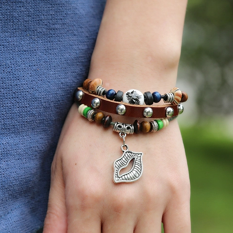 Vintage Multi-layer Braided Cowhide Leather Bracelet For Men Women Bohemian Punk Retro Wood Ceramic Beaded Adjustable Lip Pendant Bracelet