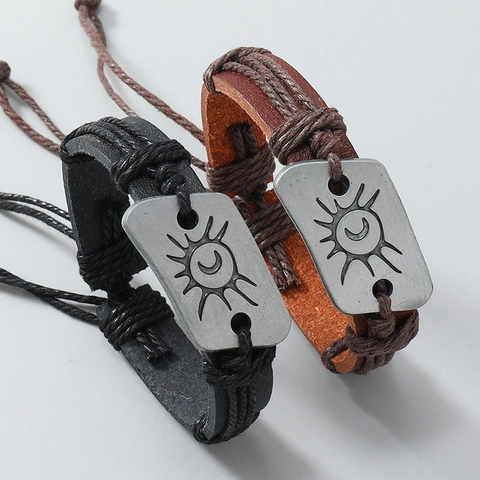 Vintage Handmade Braided Faux Leather Alloy Hemp Rope Bracelet Sun Moon Charm Adjustable Cord Bohemian Men Women Jewelry