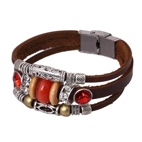 Vintage Bohemian Multilayer Cowhide Leather Bracelet For Women Alloy Carving Rhinestone Beaded Ethnic Style Bangle Jewelry