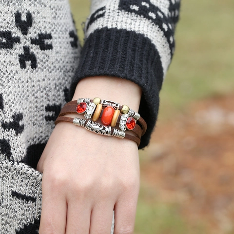 Vintage Bohemian Multilayer Cowhide Leather Bracelet For Women Alloy Carving Rhinestone Beaded Ethnic Style Bangle Jewelry