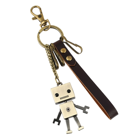 Retro Industrial Robot Keychain Movable Joint Alloy Pendant With Cowhide Leather Strap Punk Style Bag Charm For Men Women
