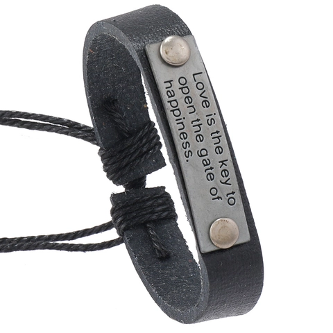 Bracciale Intrecciato in Pelle PU Unisex Vintage Con Piastra in Lega Love Is The Key Polsino Punk Regolabile Gioielli