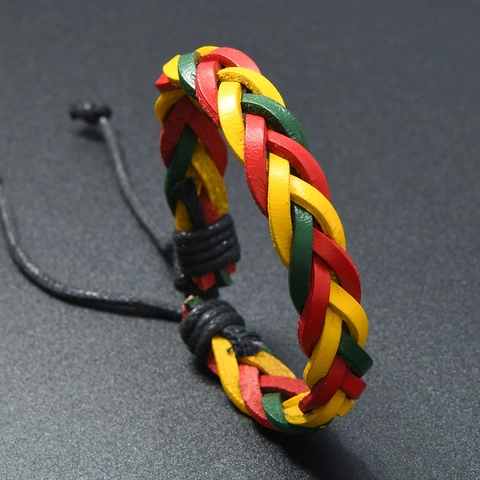 Bracciale in Pelle di Vacchetta Intrecciato a Mano per Uomo Donna Regolabile Reggae Rasta Rosso Giallo Verde Corda Gioielli Etnici di Moda