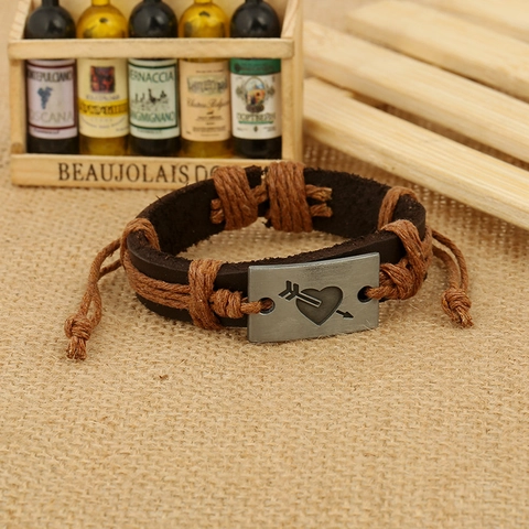 Vintage Punk Woven Cowhide Leather Bracelet With Heart Arrow Metal Plaque Adjustable Braided Bracelet For Men Women Jewelry Gift