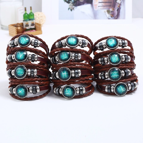 Retro 12 Zodiac Constellation Braided Leather Bracelet Handmade Multilayer Punk Cowhide Wristband Birthday Jewelry For Men