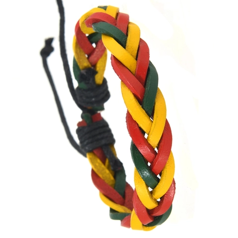 Bracciale in Pelle di Vacchetta Intrecciato a Mano per Uomo Donna Regolabile Reggae Rasta Rosso Giallo Verde Corda Gioielli Etnici di Moda