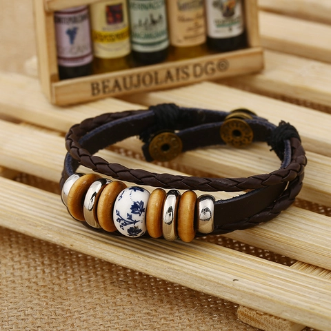 Vintage Unisex Genuine Leather Bracelet Handmade Braided Wrap Bangle With Ceramic Wood Beads Alloy Charms Bohemian Punk Jewelry Gift