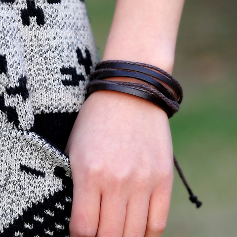 Vintage Leather Woven Bracelet For Men Women Multilayer Adjustable Cord Bracelet Punk Bohemian Handmade Wristband Jewelry Gift