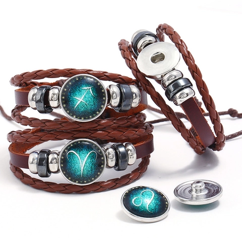 Retro 12 Zodiac Constellation Braided Leather Bracelet Handmade Multilayer Punk Cowhide Wristband Birthday Jewelry For Men
