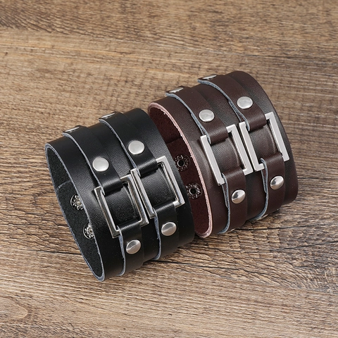 Men Retro Wide Cowhide Leather Punk Bracelet Adjustable Biker Cuff Bangle With Alloy Rivets Square Buckles Jewelry Gift