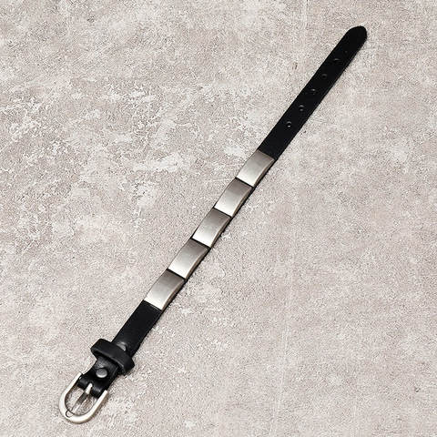 Men Vintage Cowhide Leather Bracelet Punk Style Alloy Metal Block Adjustable Needle Buckle Brown Black Biker Wristband Jewelry